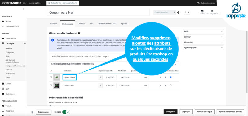 Gestion des attributs de déclinaisons de produits sur Prestashop